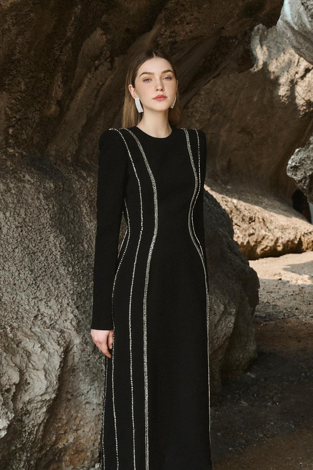 Crystal Embellished Long Sleeve Bodycon Midi Dress - TRACY COUTURE